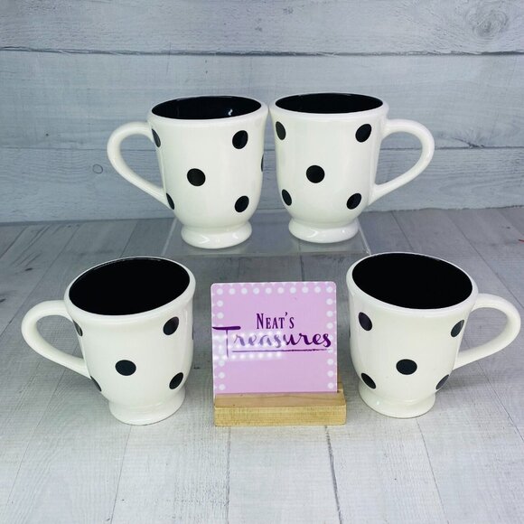 Coastline Imports White Black Polka Dots Earthenware Footed 15oz Cups Mugs Set 4 - Picture 1 of 16